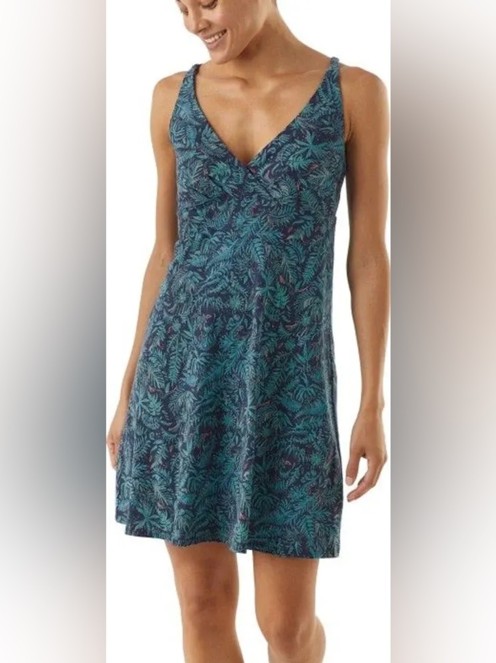Patagonia Teal Botanical V-Neck Cross-Back Mini Dress